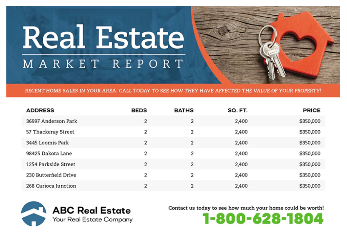 One example market report for real estate postcard with a blue and orange theme