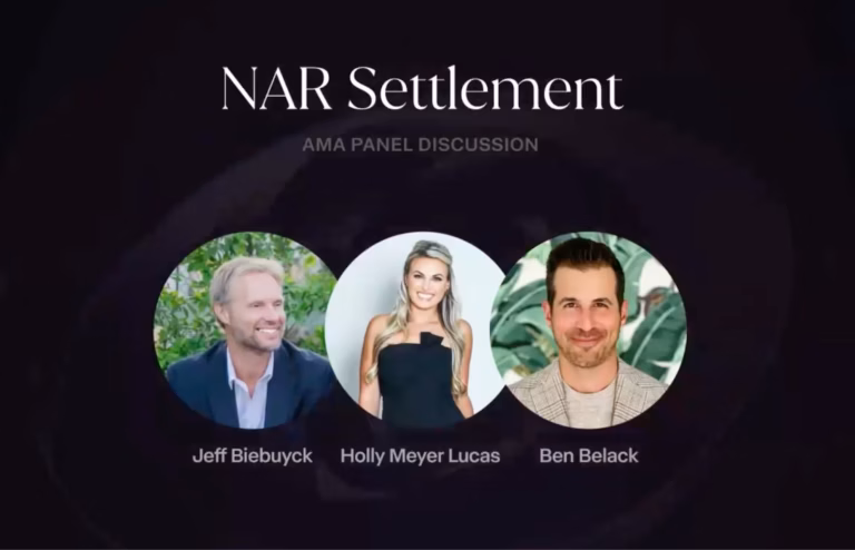 Three agents' headshots against a black background with the words NAR settlement at the top