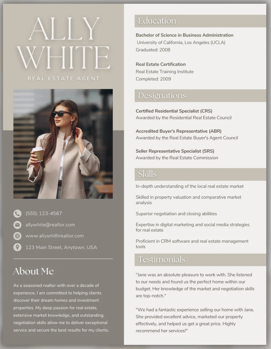 A screenshot of a real estate agent resume example 