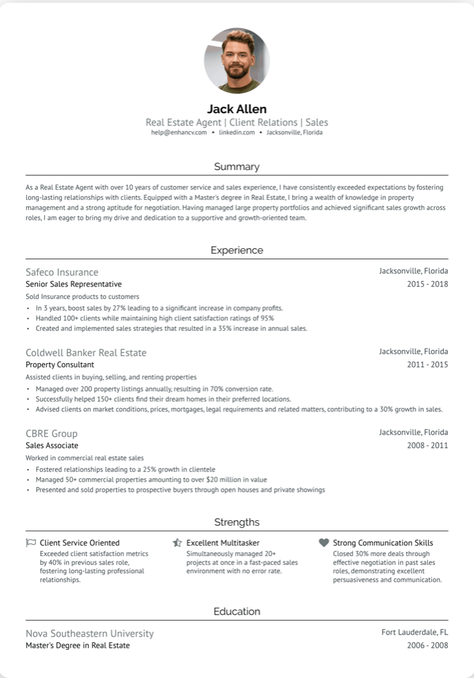 A screenshot of a real estate agent resume example 