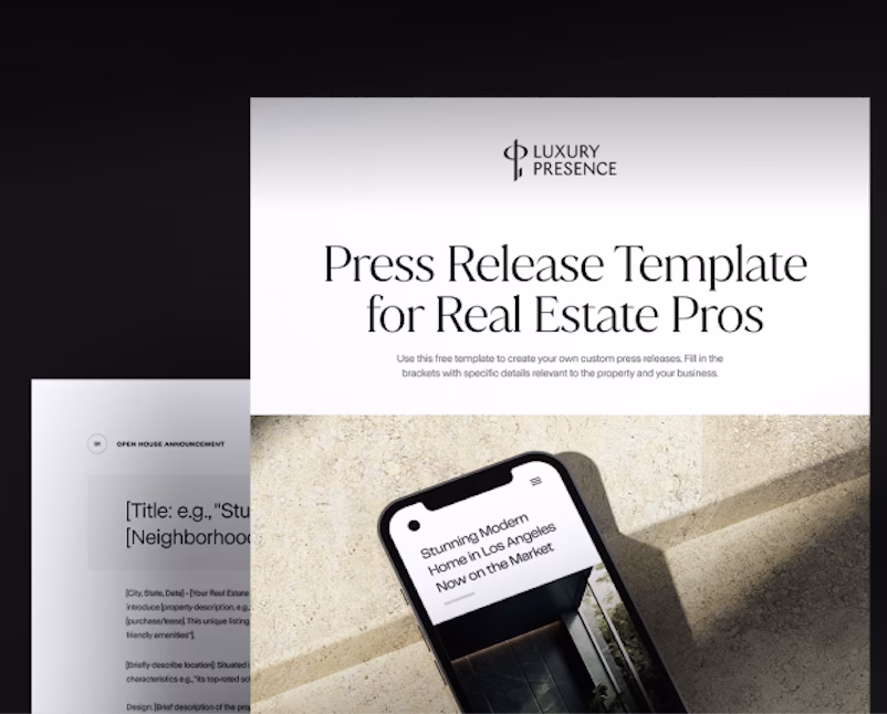 The cover page for the press release template sits on top of the template itself on a black background