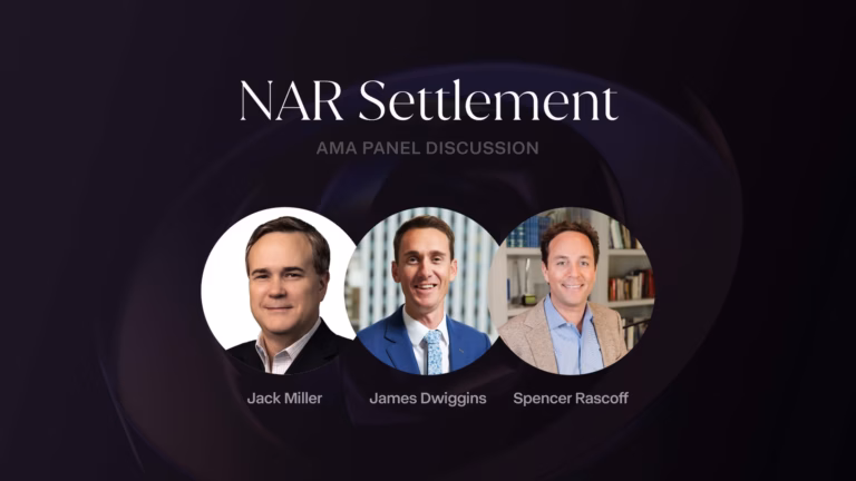 Three circles on a black background encircle three headshots of real estate executives: Spencer Rascoff, James Dwiggins, and Jack Miller with text about an upcoming webinar on industry change