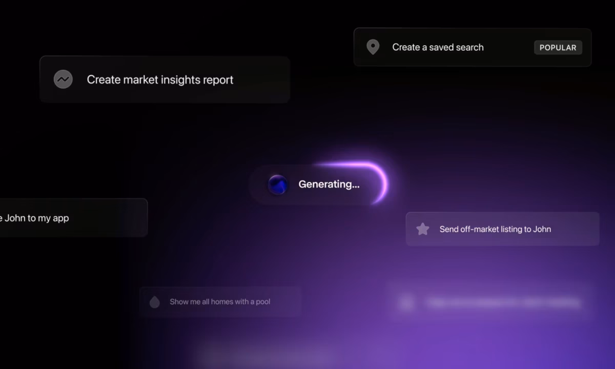 The word "generating" sits in the middle of various tasks that can be accomplished by the Presence Copilot app on a purple background