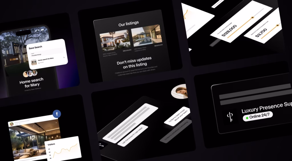 Multiple layered screenshots showing the different tools that populate Luxury Presence's real estate tech stack