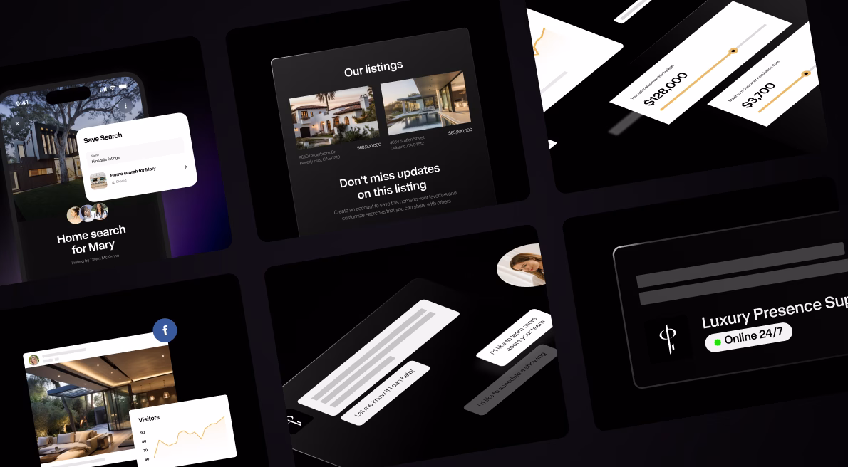 Multiple layered screenshots showing the different tools that populate Luxury Presence's real estate tech stack