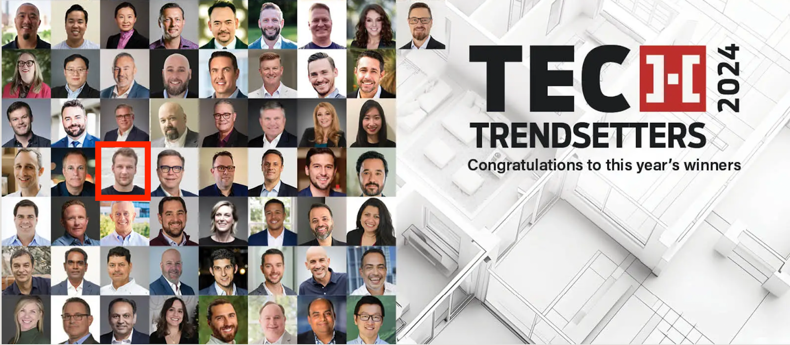 An array of headshots, including Luxury Presence CEO Malte Kramer, sit next to text that reads "tech trendsetters 2024: Congratulations to this year's winners"