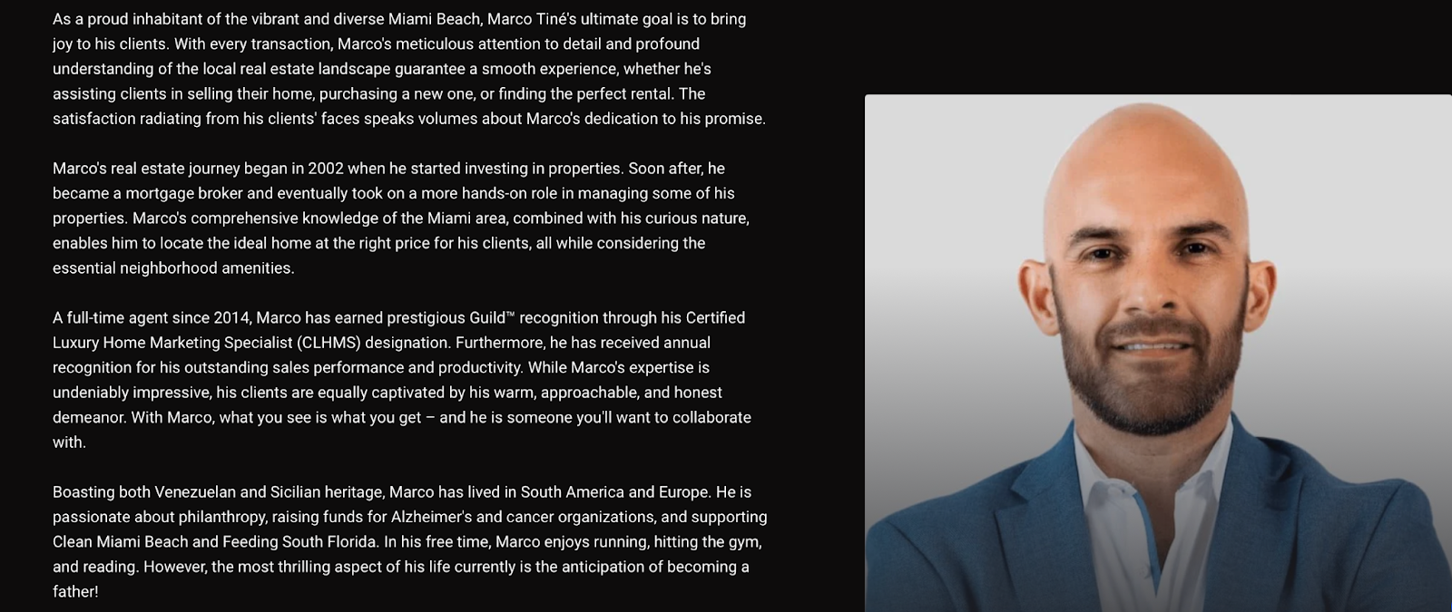 Screenshot of real estate pro Marco Tine's about me page, demonstrating brand storytelling
