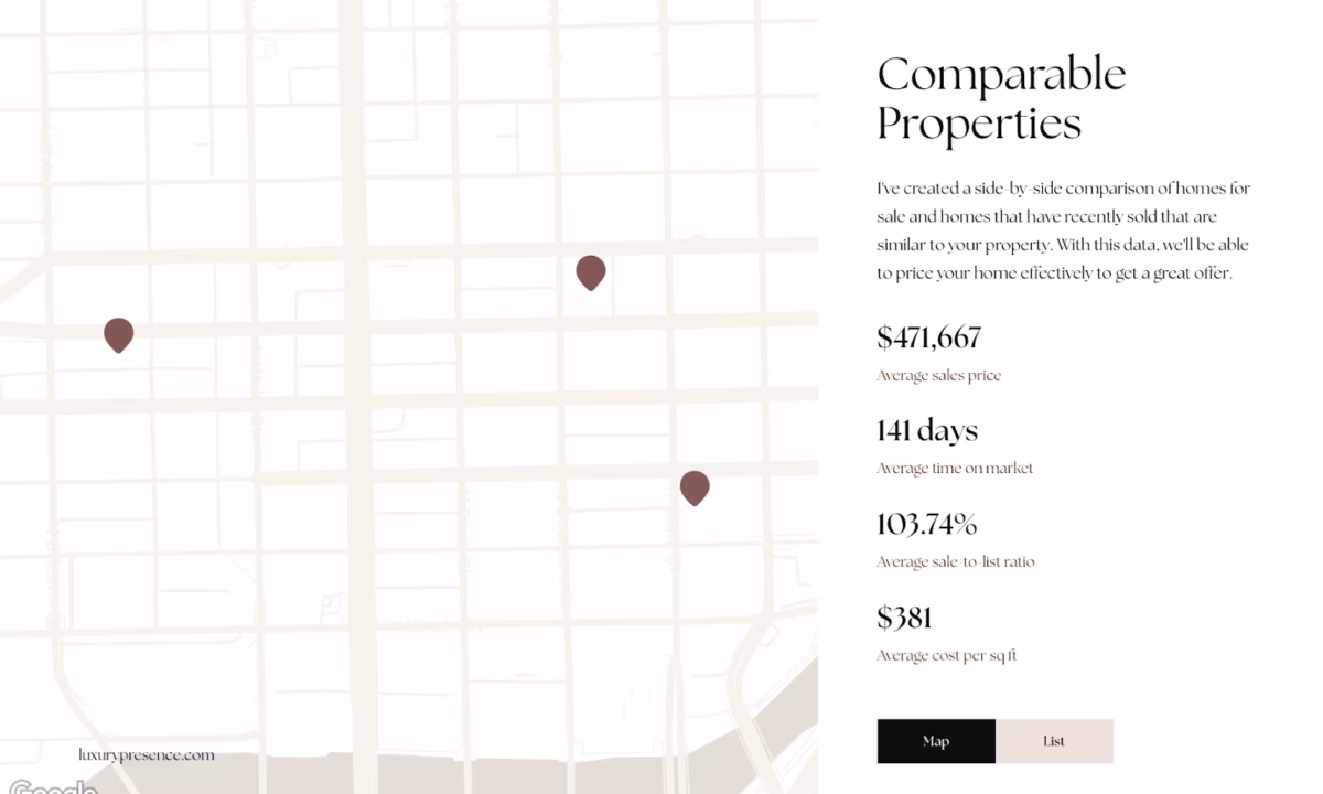 Example of a comparable properties page in a real estate listing presentation
