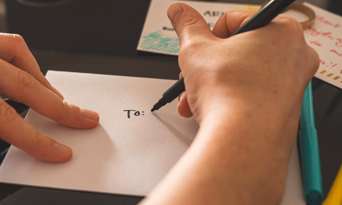 Real estate agent addressing an envelope to a prospect illustrating the need for personalization in marketing automation