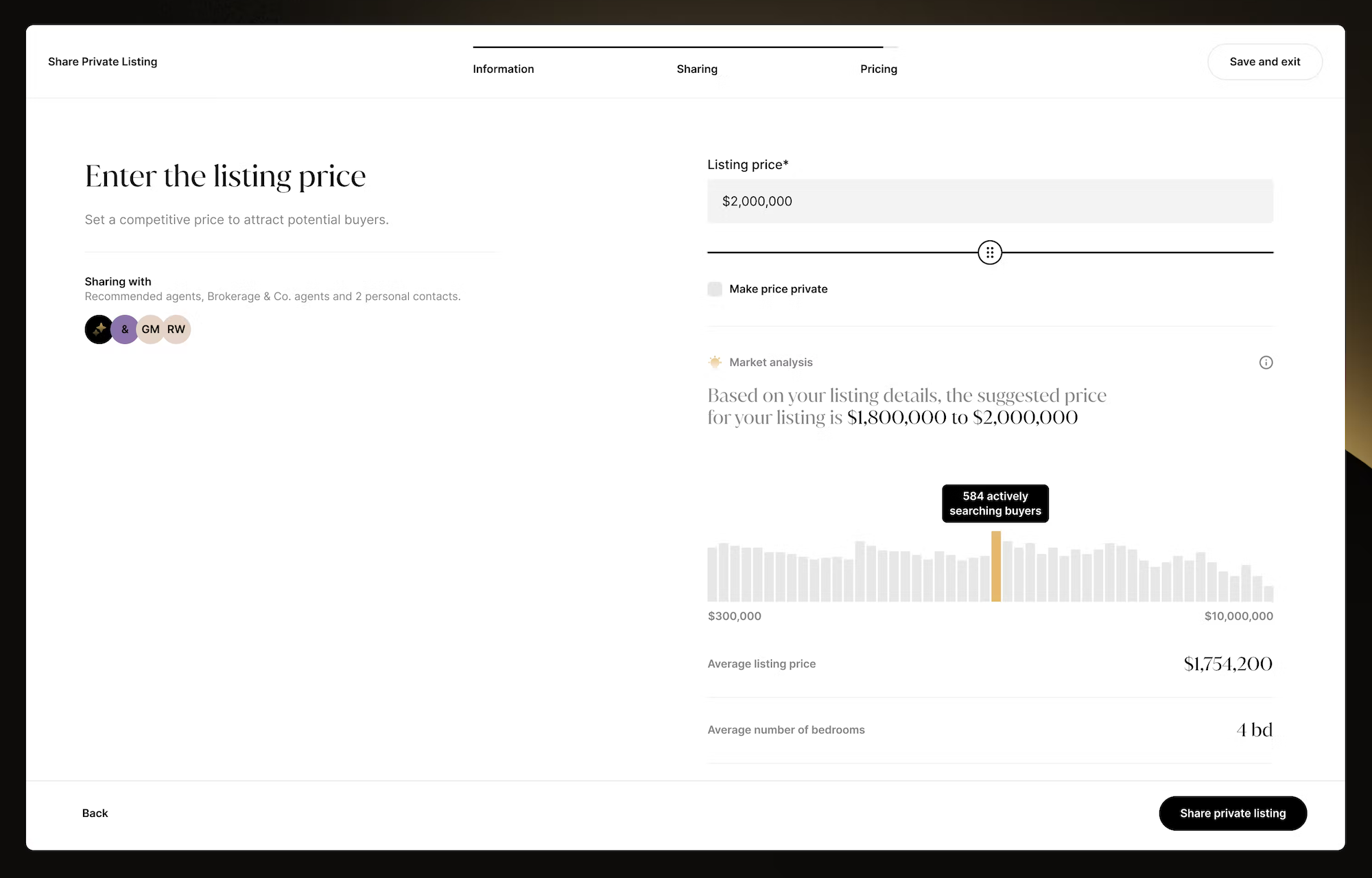 A screenshot of the pricing screen in Luxury Presence's Broker Listing Network tool, demonstrating how brokerages can tackle the private listing network problem in their offices