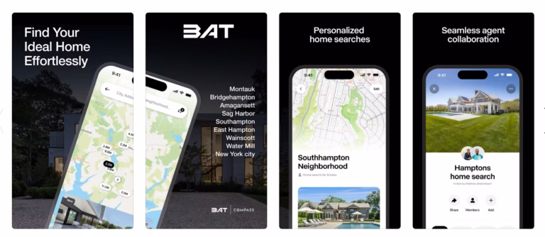 Four panels showing Matt Breitenbach's real estate app, BAT Members Only, developed with Luxury Presence