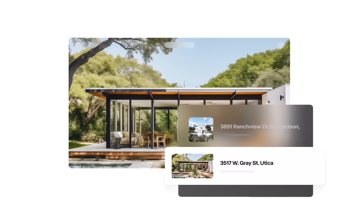 exterior shot of listing with two addresses layered on top