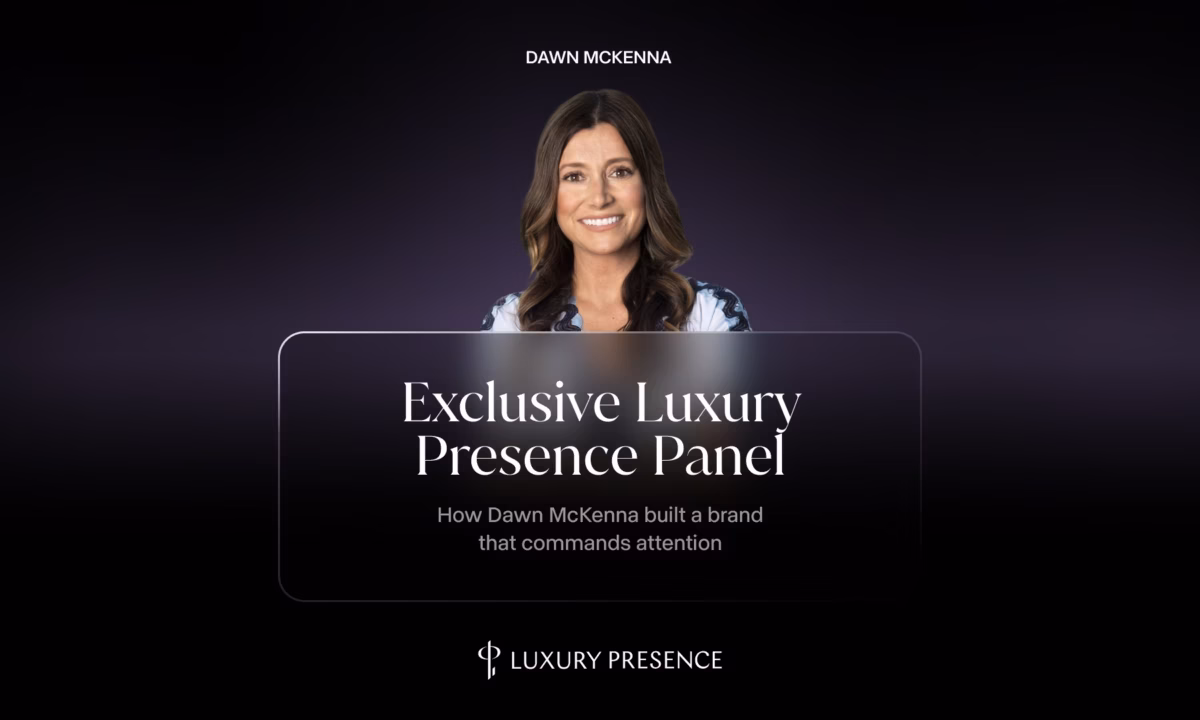 A headshot of real estate team leader Dawn McKenna behind the words exclusive luxury presence panel how Dawn McKenna built a brand that demands attention