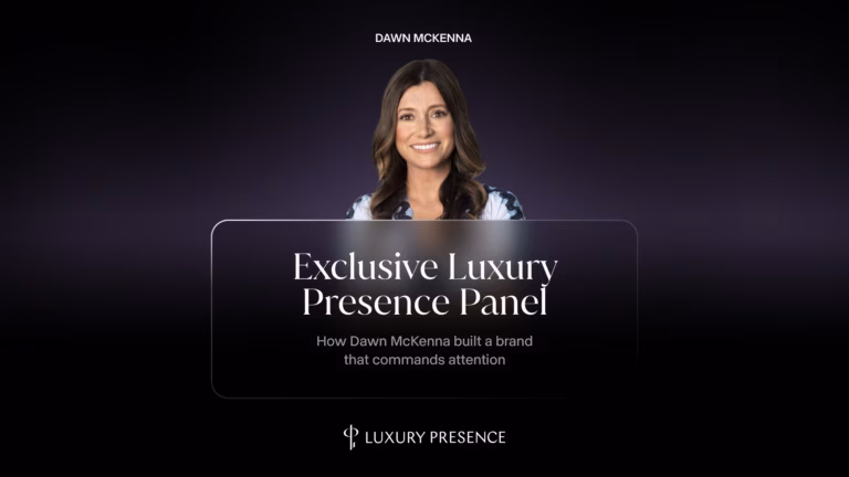 A headshot of real estate team leader Dawn McKenna behind the words exclusive luxury presence panel how Dawn McKenna built a brand that demands attention