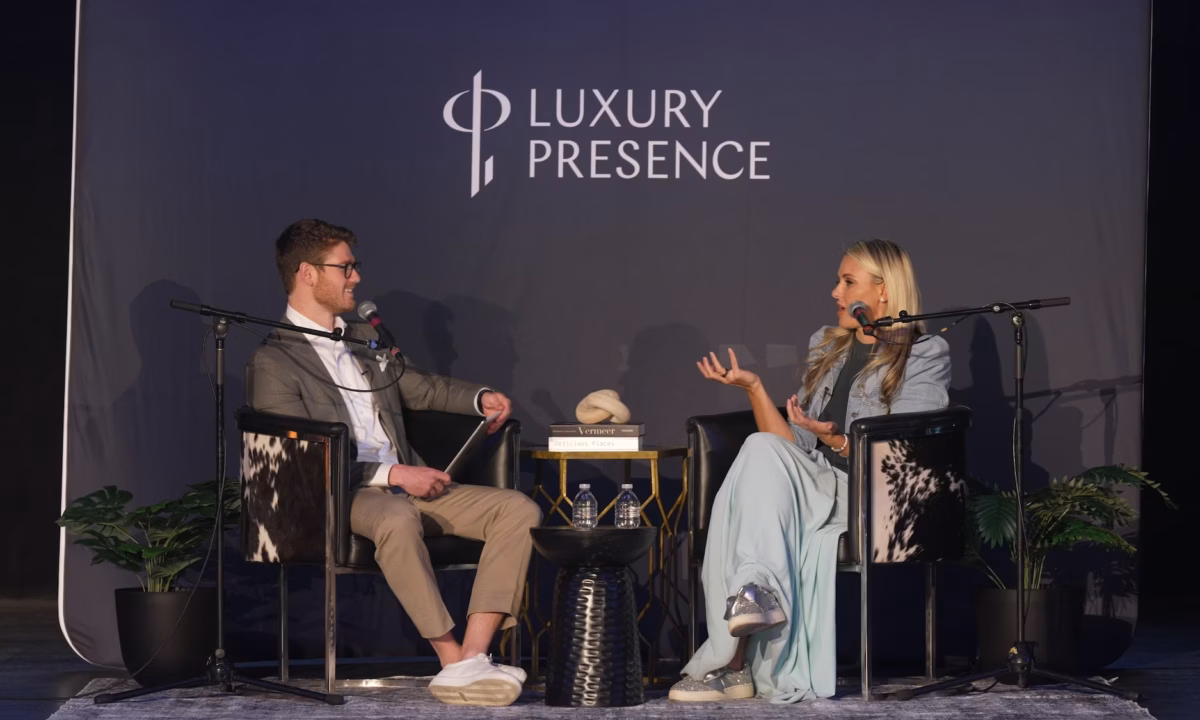 holly meyer lucas onstage for a live taping of the luxury presence podcast at social summit 2.0 LA