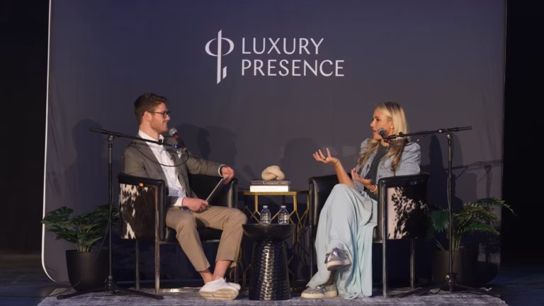 holly meyer lucas onstage for a live taping of the luxury presence podcast at social summit 2.0 LA