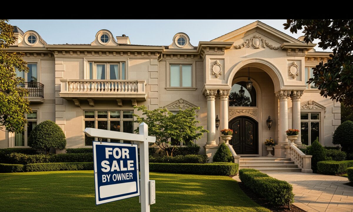 A mansion with a for sale by owner (fsbo) sign