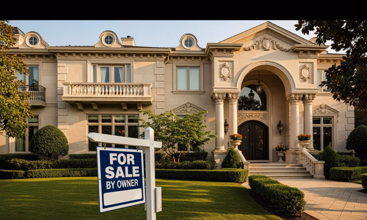 A mansion with a for sale by owner (fsbo) sign