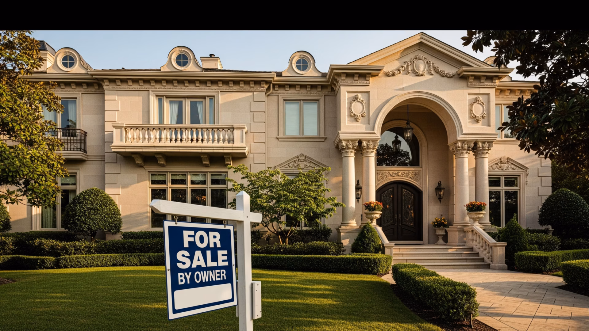 A mansion with a for sale by owner (fsbo) sign