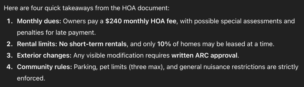 ChatGPT summarizes key takeaways from a complicated HOA doc