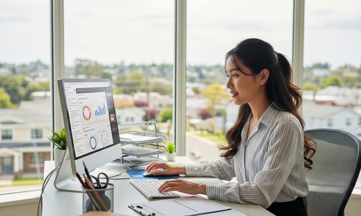 woman sits at her desk to conduct an AI visibility audit