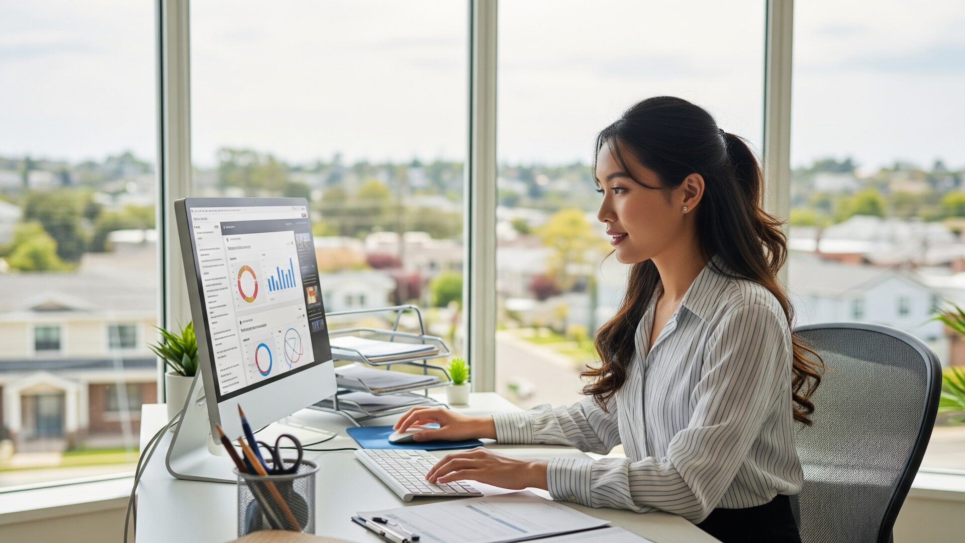 woman sits at her desk to conduct an AI visibility audit