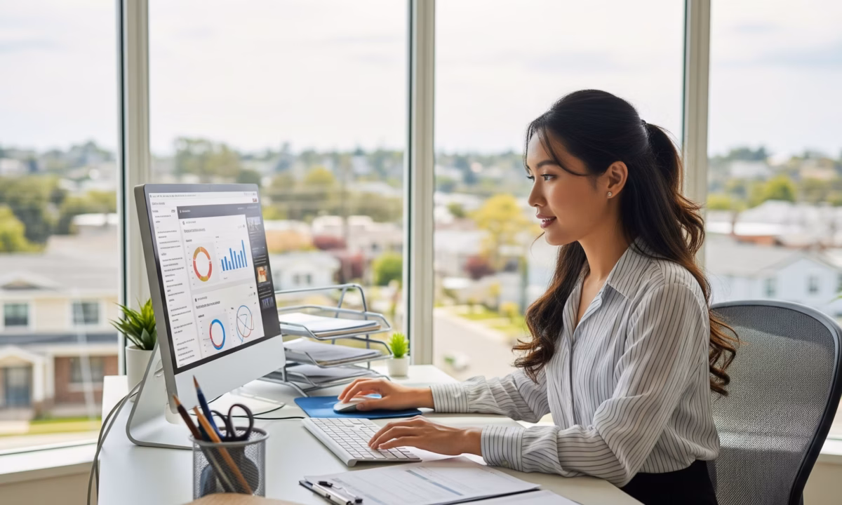 woman sits at her desk to conduct an AI visibility audit