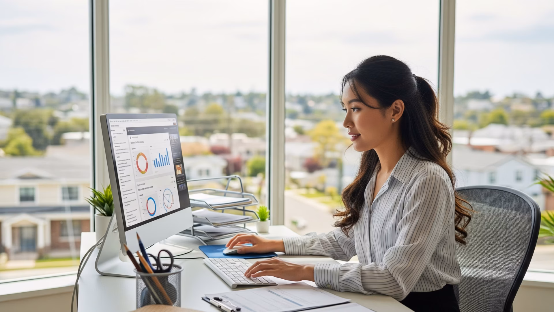 woman sits at her desk to conduct an AI visibility audit