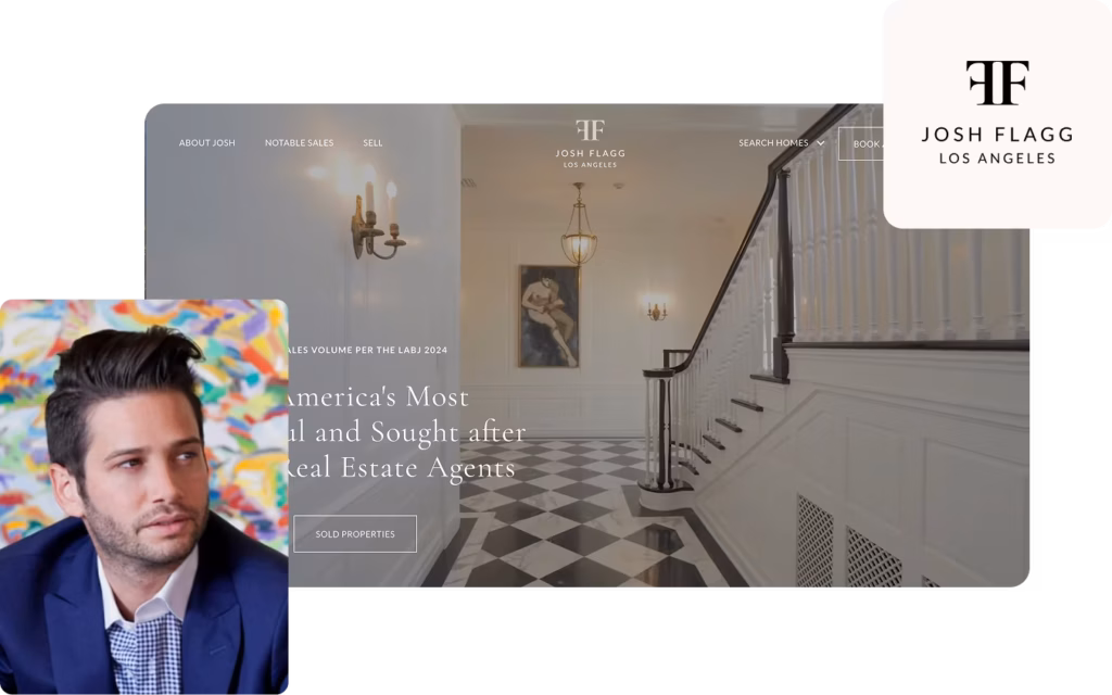 Josh Flagg's headshot next to a screenshot of his real estate website and logo