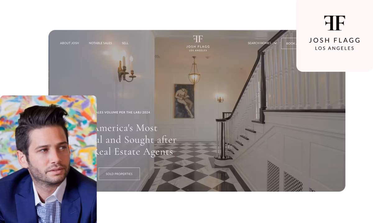 Josh Flagg's headshot next to a screenshot of his real estate website and logo