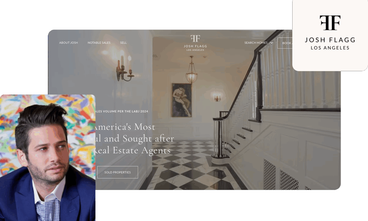 Josh Flagg's headshot next to a screenshot of his real estate website and logo