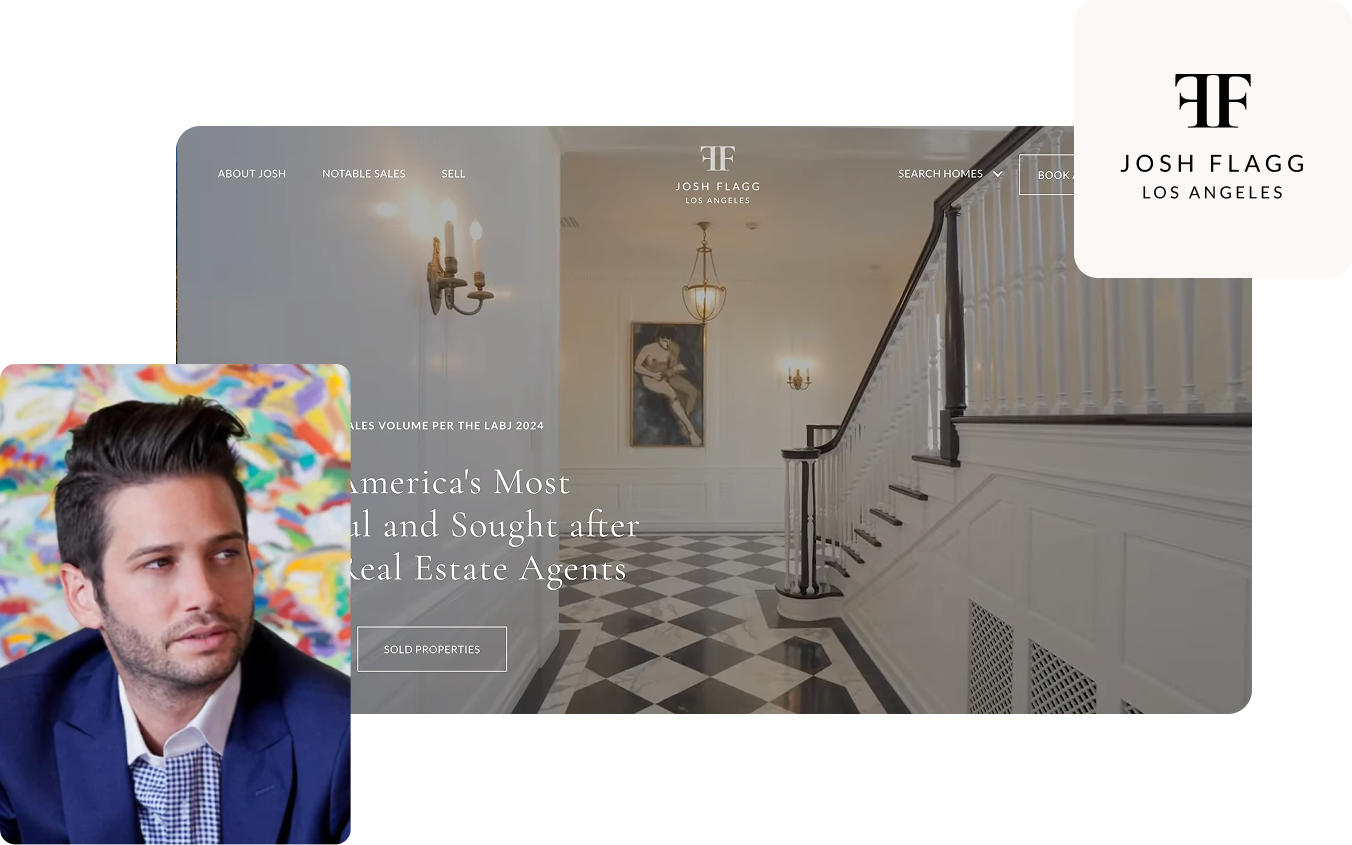 Josh Flagg's headshot next to a screenshot of his real estate website and logo