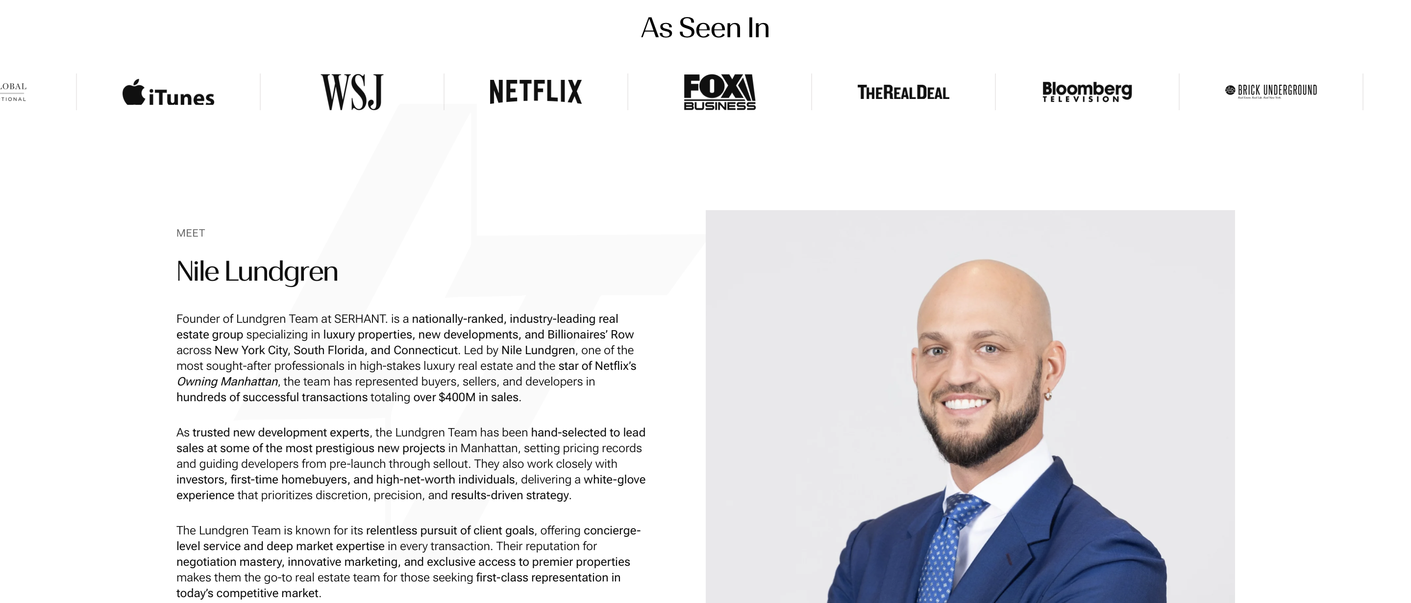 View of Nile Lundgren's website that highlights his reality tv credits