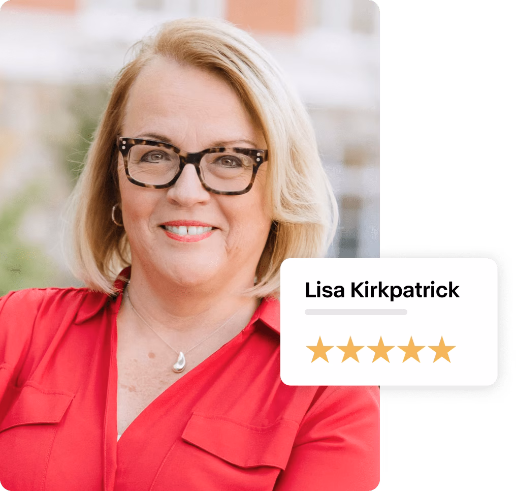 Headshot of Lisa Kirkpatrick, marketing leader on the Denise Ramey real estate team, with a five-star rating over the top