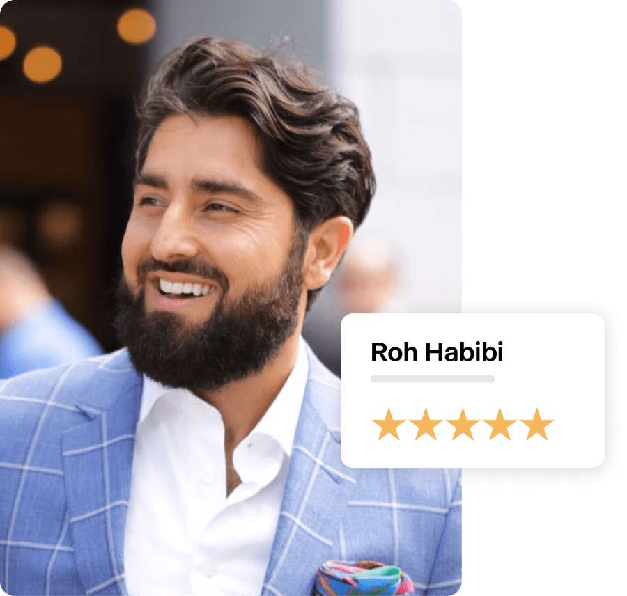 Headshot of team leader Roh Habibi with a 5-star review under his name