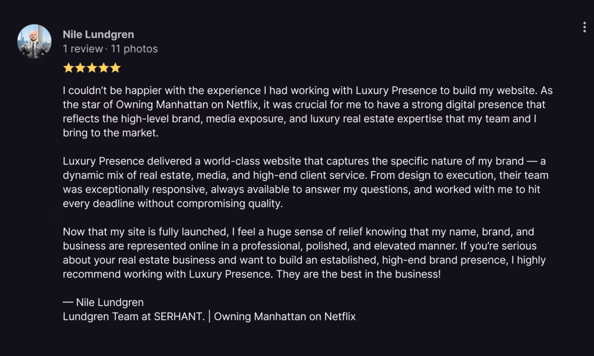 A screenshot of a 5-star review of Luxury Presence from SERHANT. broker and team leader, Nile Lundgren on Google