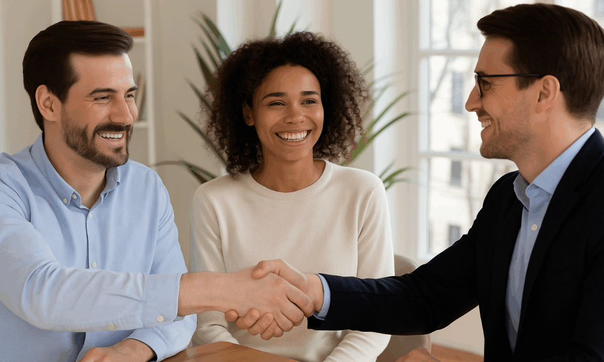 Creating a referral pipeline with these two happy clients shakign the hand of their agent
