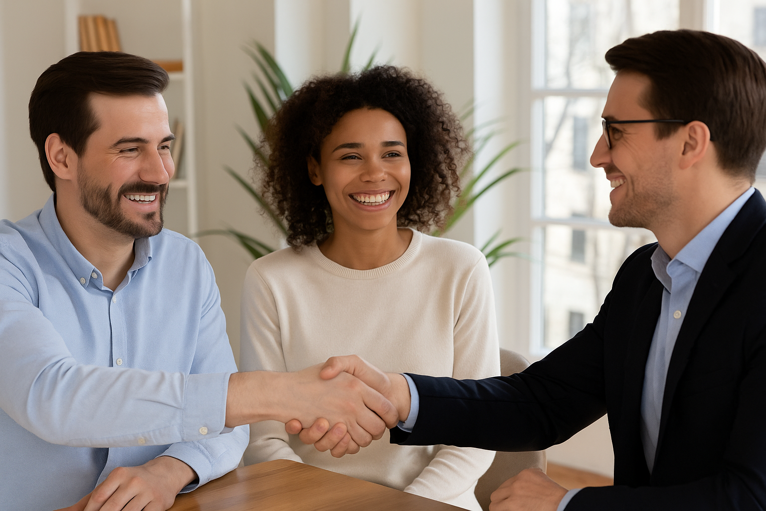 Creating a referral pipeline with these two happy clients shakign the hand of their agent