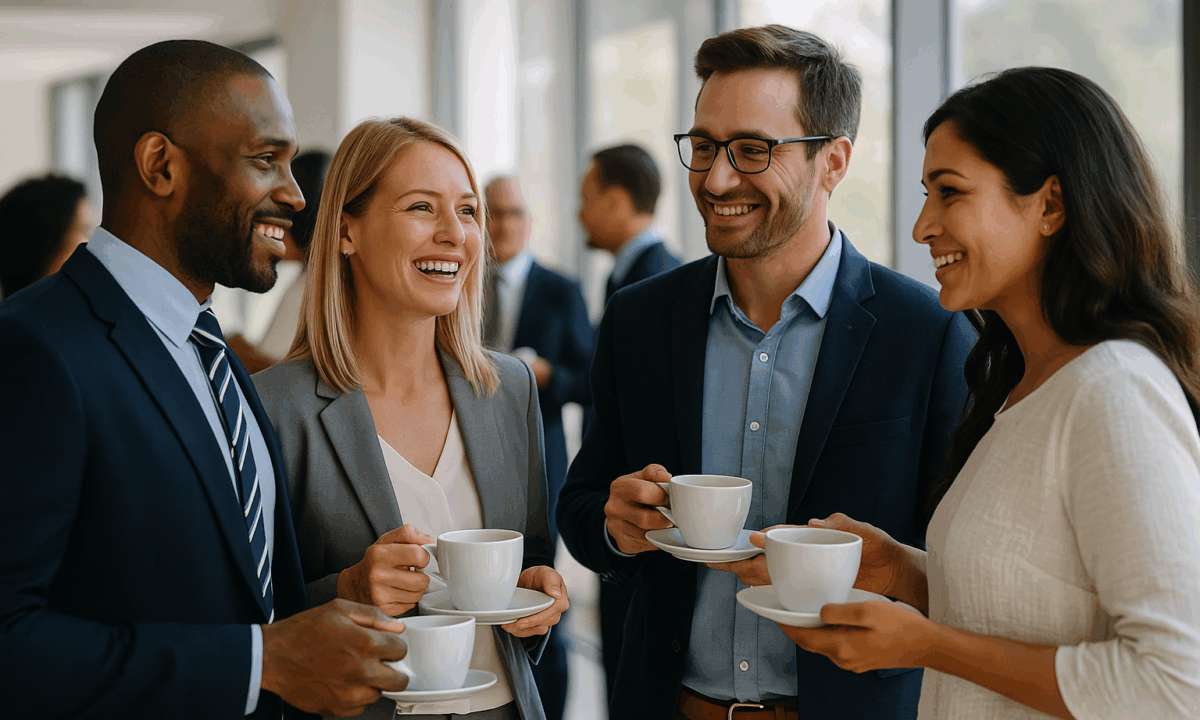 Four professionals enjoy coffee while building their real estate network