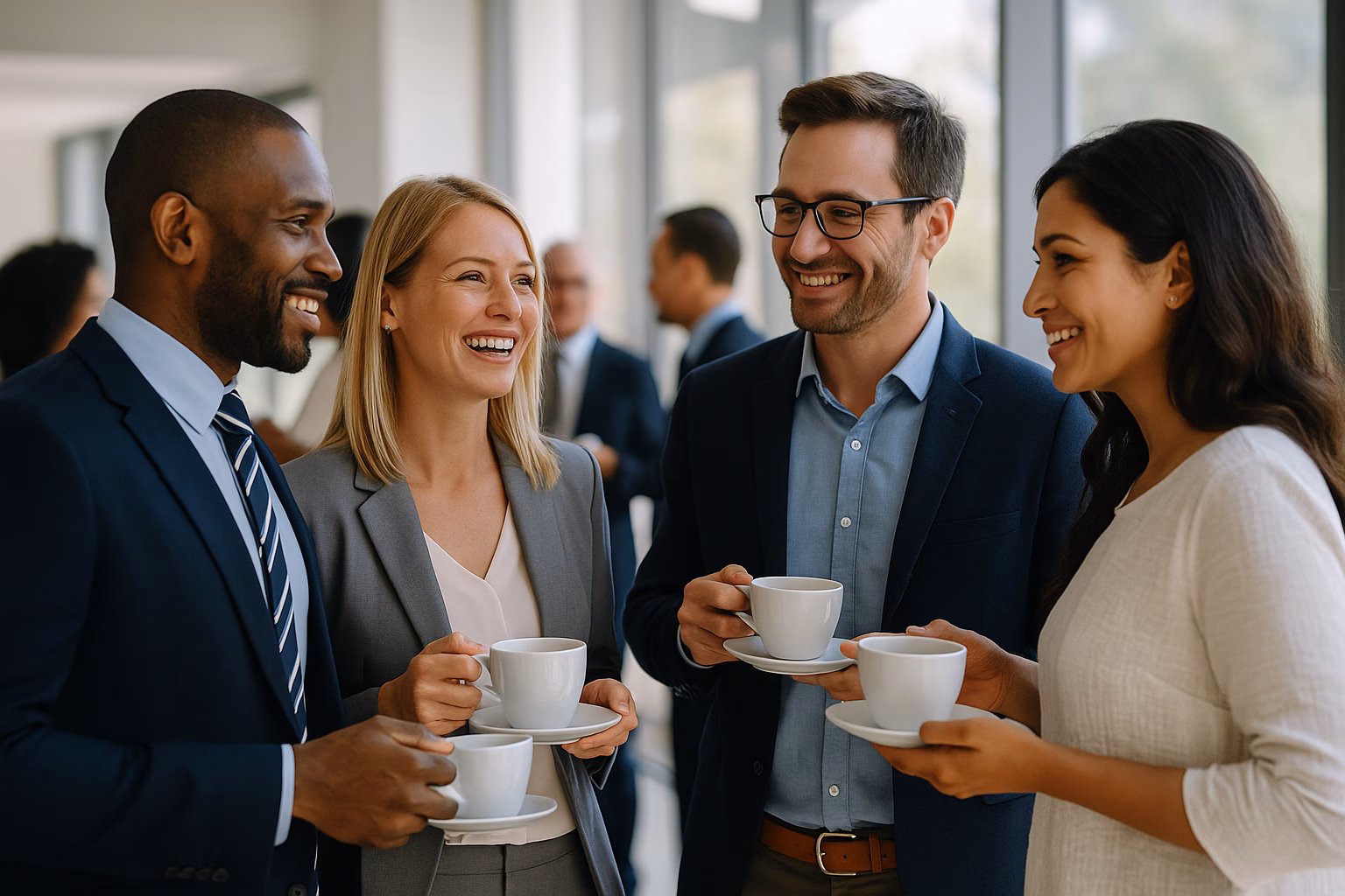 Four professionals enjoy coffee while building their real estate network
