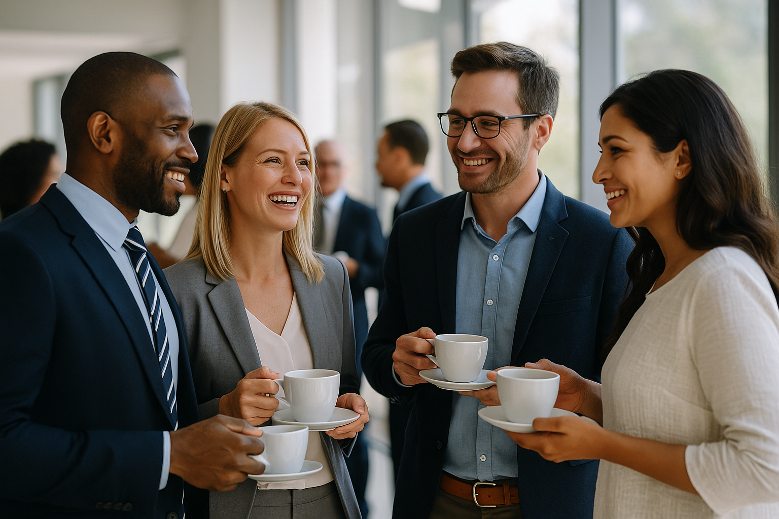 Four professionals enjoy coffee while building their real estate network