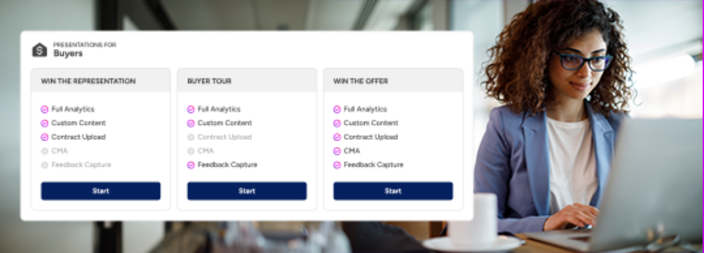 A listing of the types of real estate CMAs and presentations you can create with BoldTrail Present, next to an image of an agent using a laptop