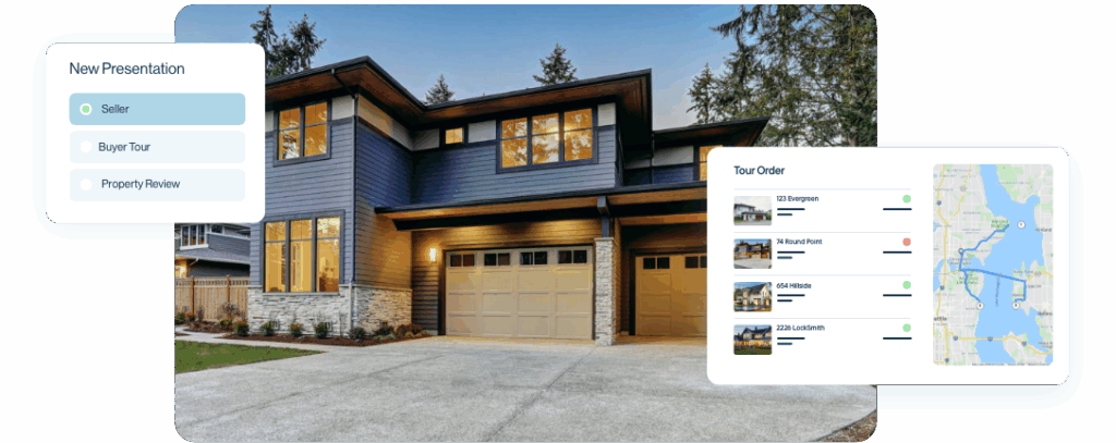 A luxury listing with two screenshots of MoxiPresent's real estate CMA & presentation software laid on top