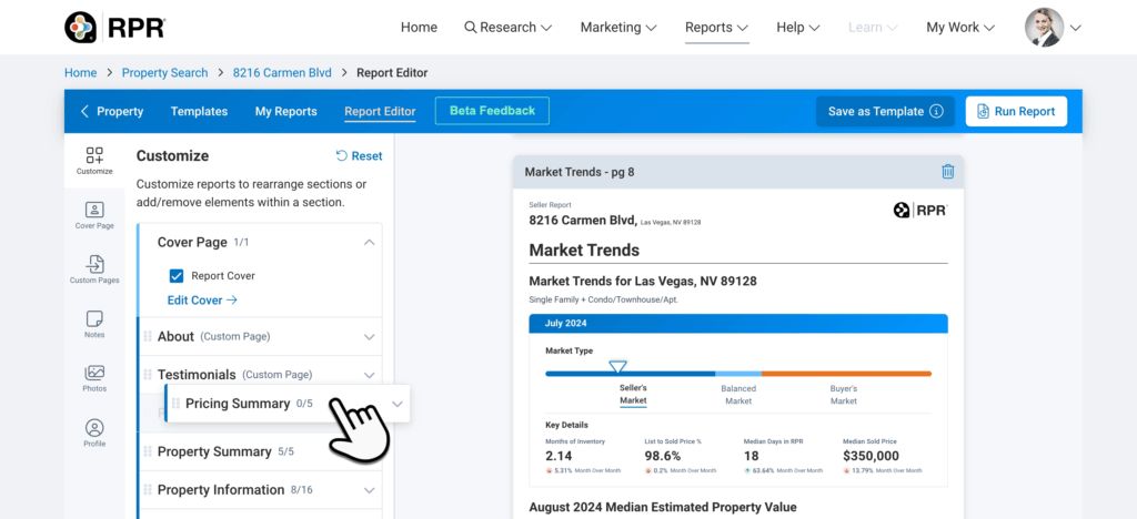 A screenshot of RPR's real estate CMA & presentation software with a cursor highlighting the pricing summary tool