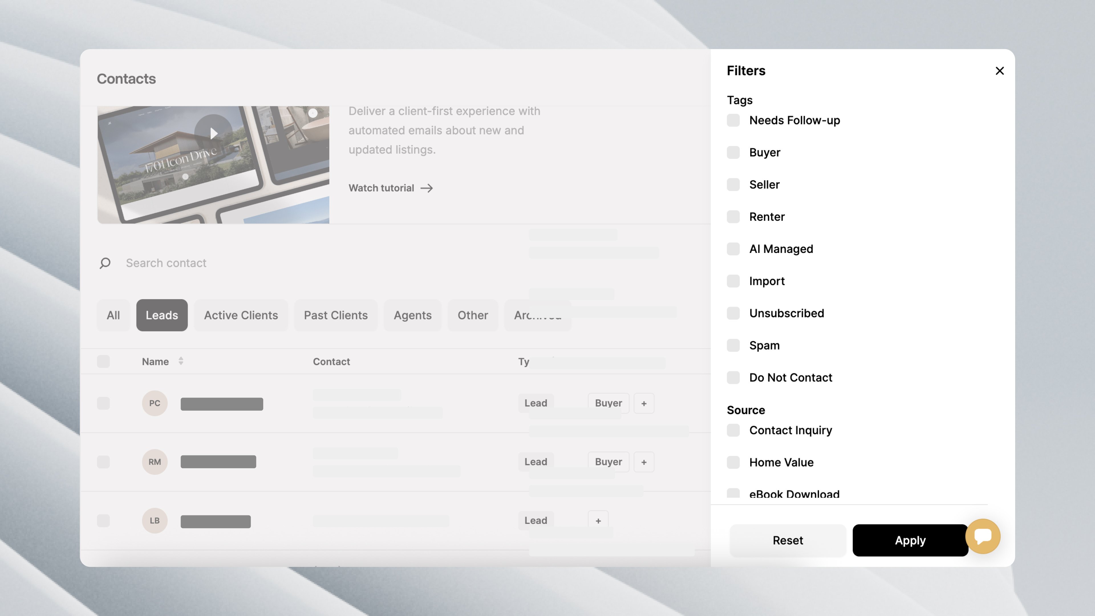 A screenshot of the back end of the contact functionality in Luxury Presence