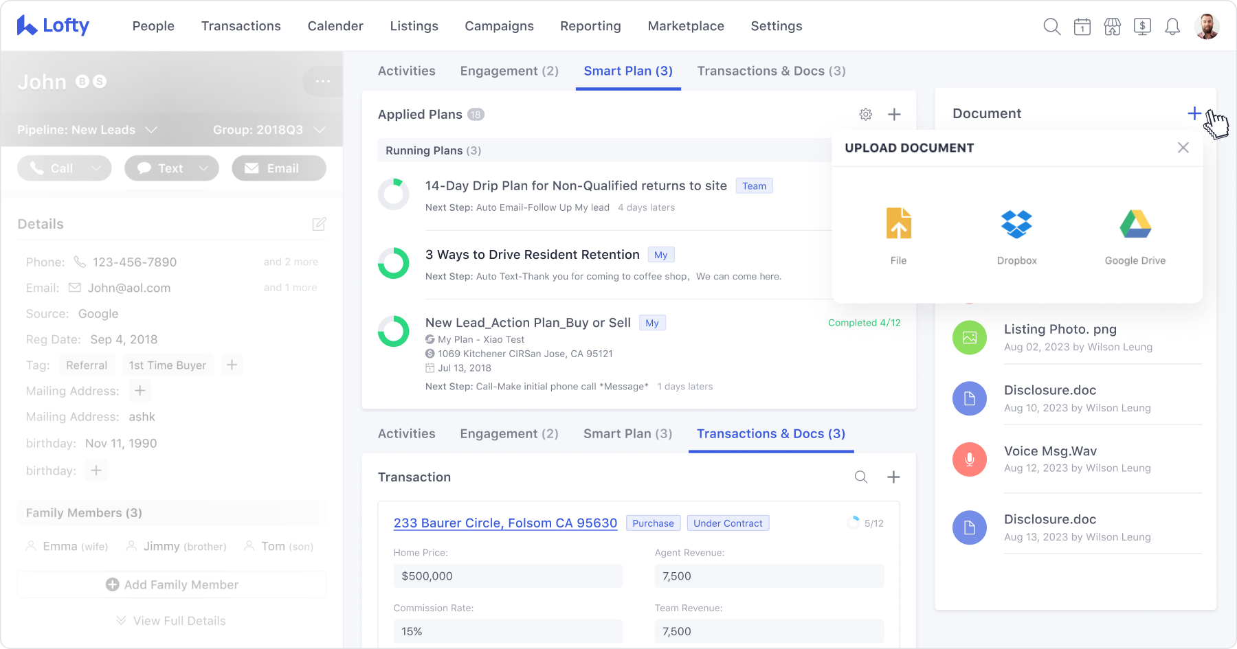Screenshot of the backend of Lofty's CRM