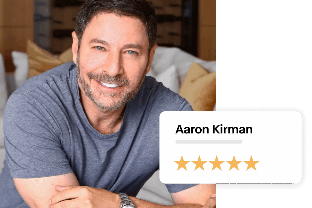 Headshot of real estate broker Aaron Kirman with a five-star rating over the top