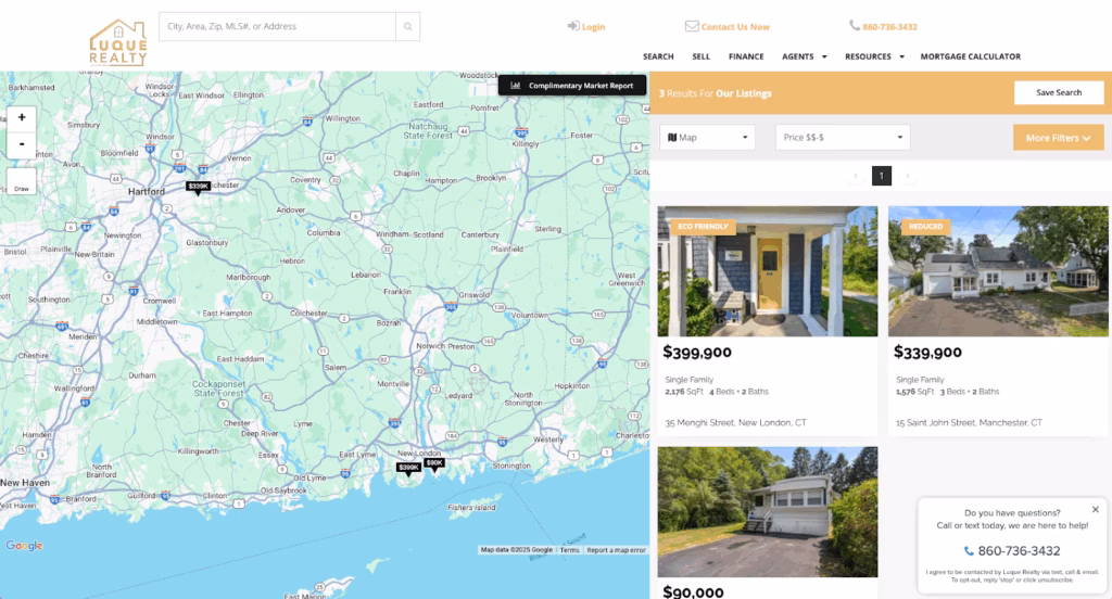 Screenshot of search page for Luque Realty in Waterford, Connecticut 