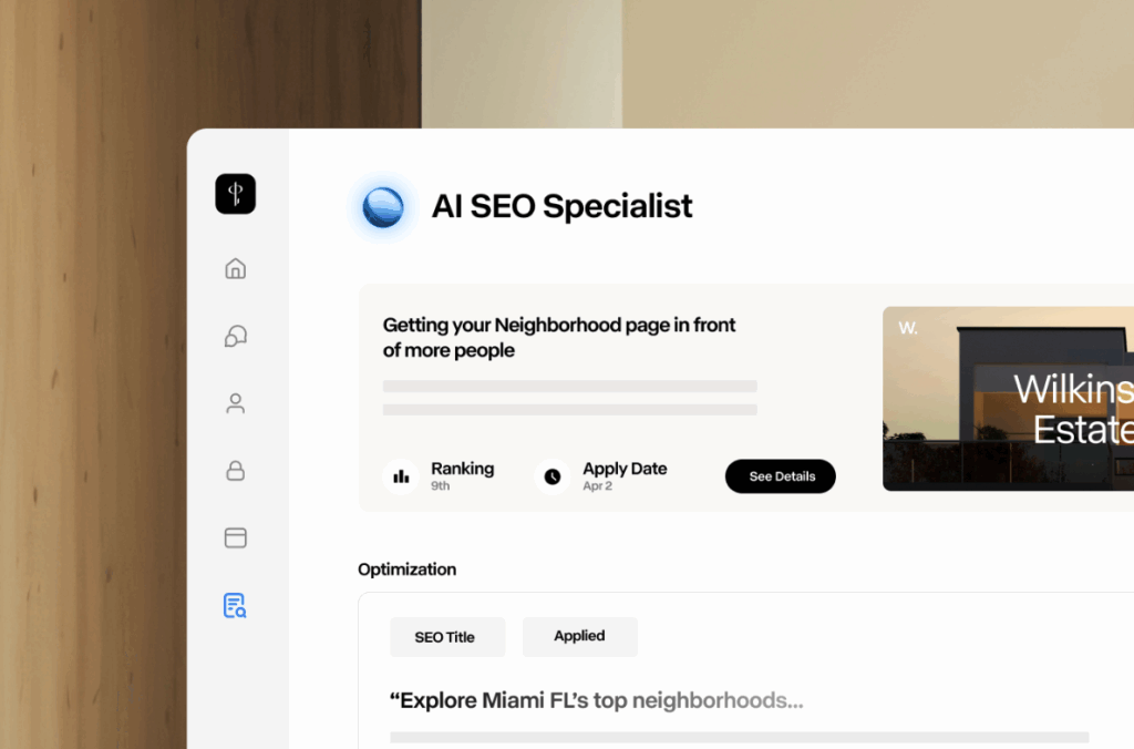 Screenshot of Luxury Presence's AI SEO Specialist at work optimizing a real estate agent's website for better search visibility