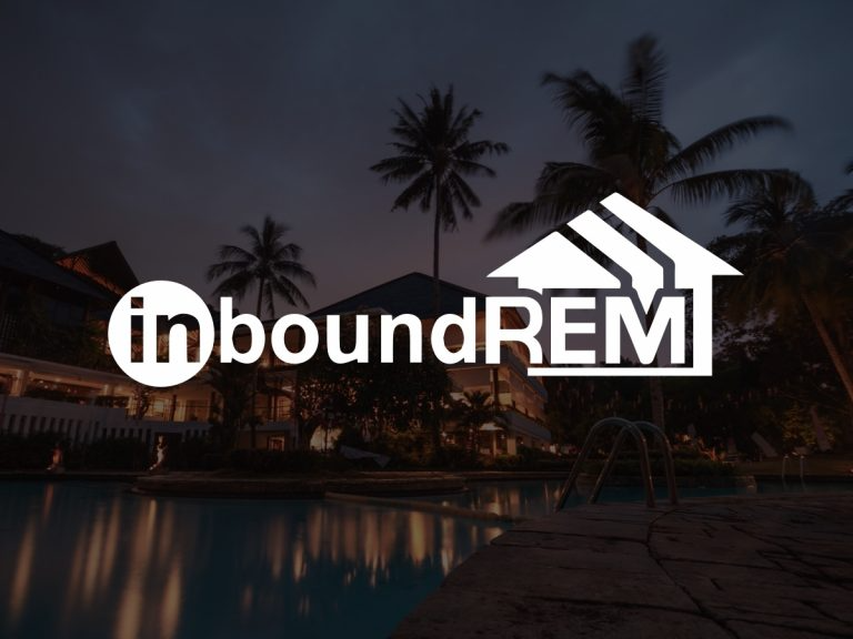 InboundREM's logo on top of a image of a swimming pool at dusk with palm trees